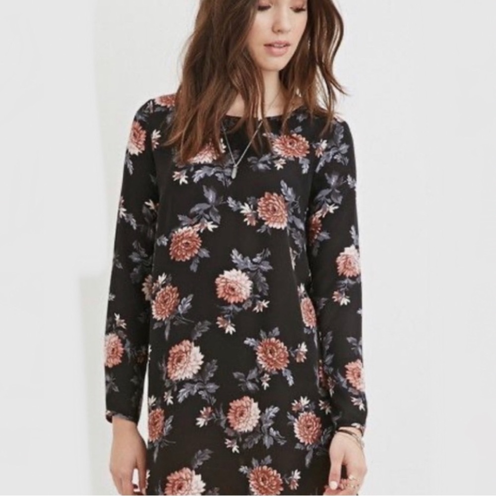 Forever 21 Long Sleeve Black Pink Floral Print Tunic Dress Whimsigoth Dark Fairy